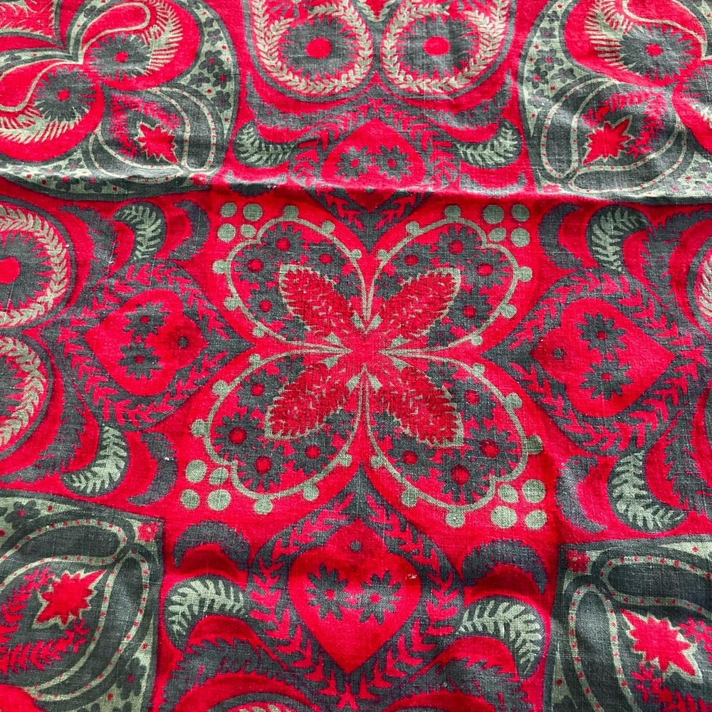 MCM vintage Holiday Red and Green paisley Patterned cotton tablecloth